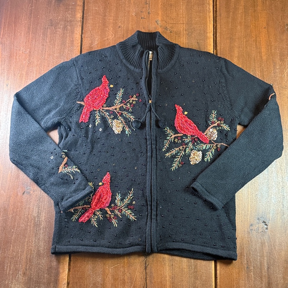 Vintage 2004 Carly St‎ Claire Women's Sz Small Black Cardigan Red Bird Christmas